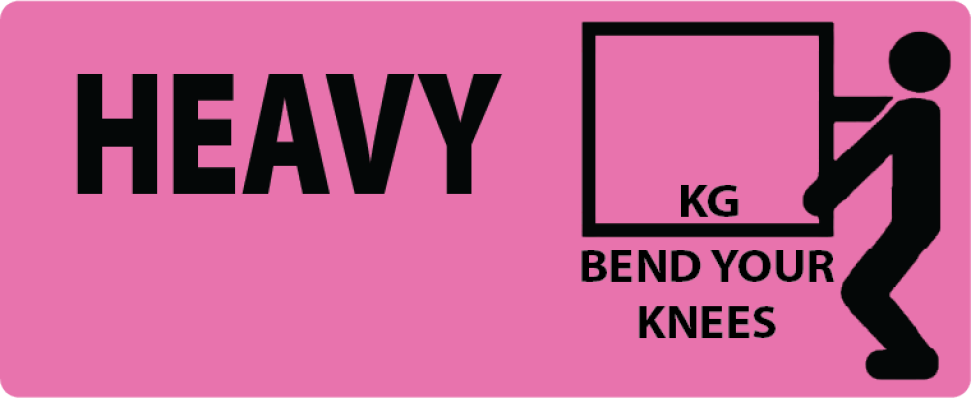 A StarTrack ‘Heavy’ sticker showing a person lifting a heavy box with a square to specify the number of kilograms the box weighs. The person is bending their knees as a reminder to ‘bend your knees’ and use ‘caution when lifting’